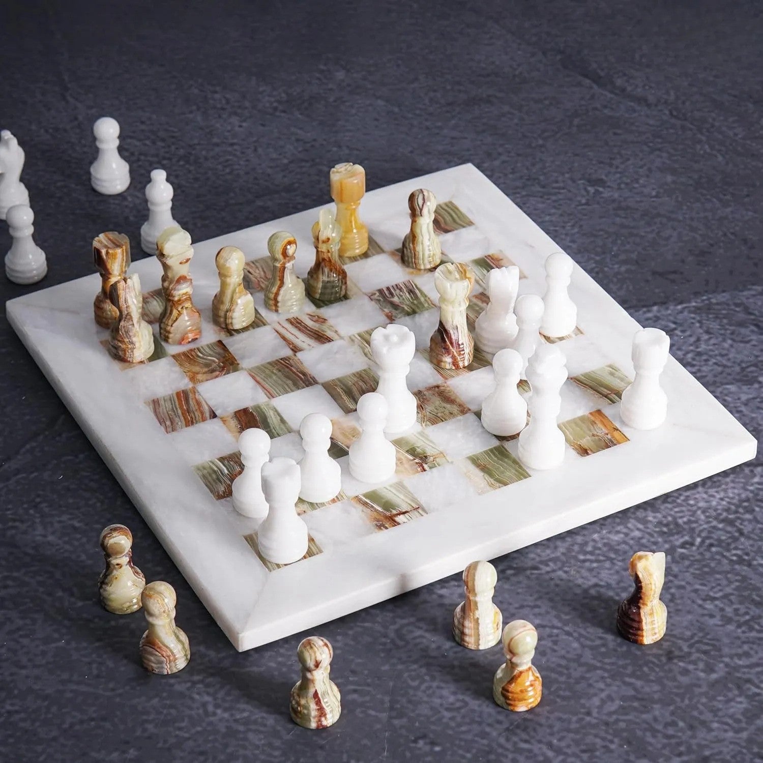 10 Inch White & Green Handmade Onyx Marble Chess Set with Storage & Extra Queens