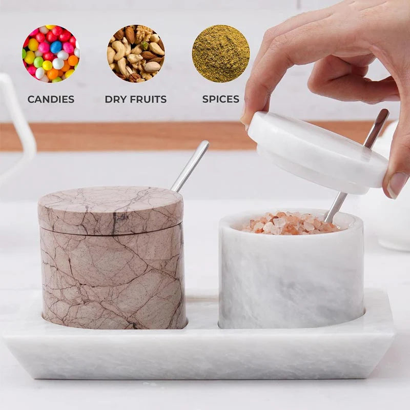 marble Salt Cellar with Lid, Spoon and Tray