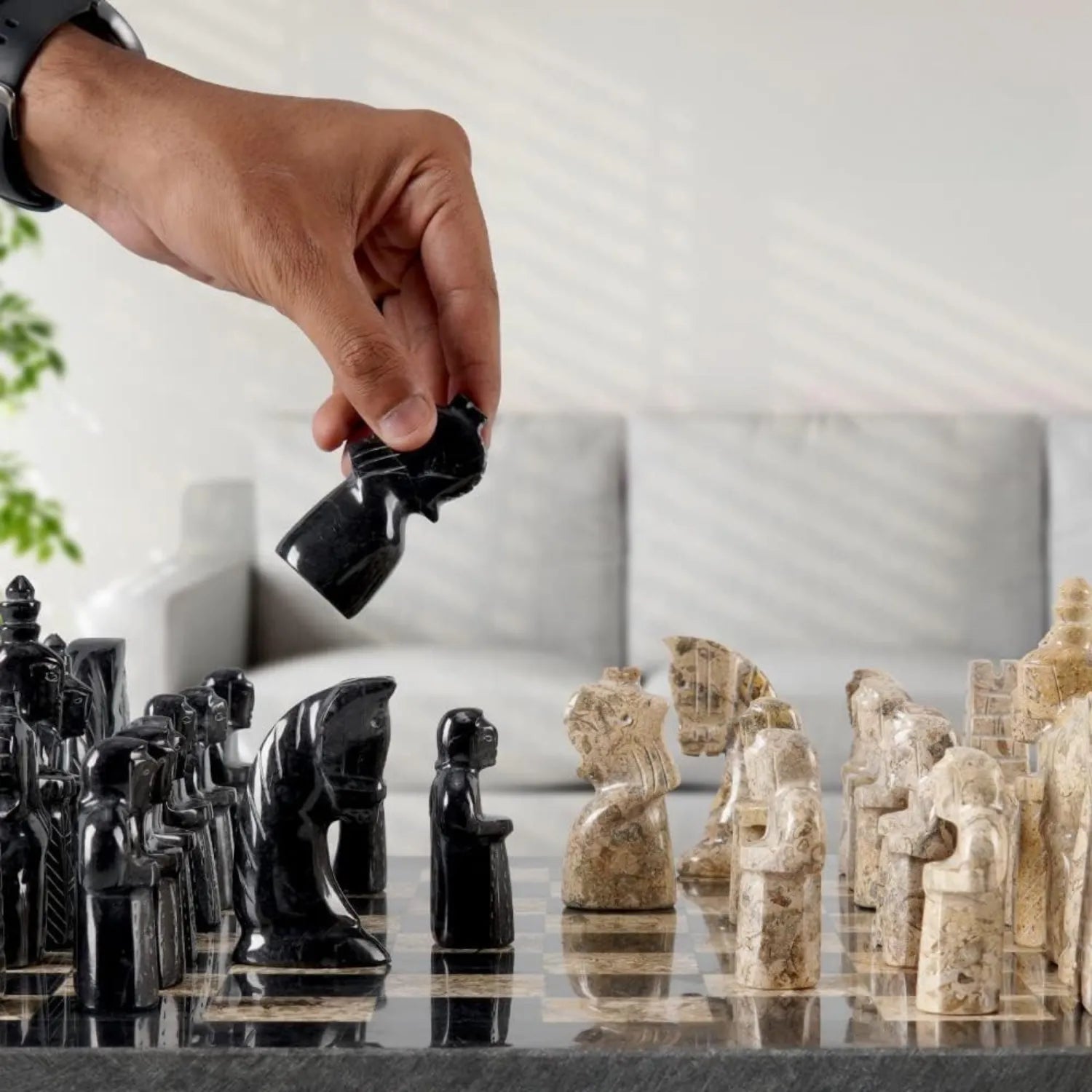 marble chess board and pieces