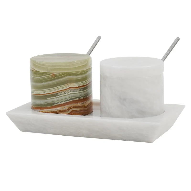 Marble Salt Cellar with Lid, Spoon and Tray