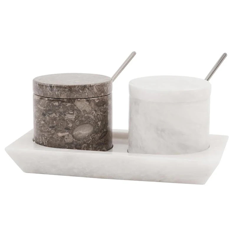 Marble Salt Cellar with Lid, Spoon and Tray