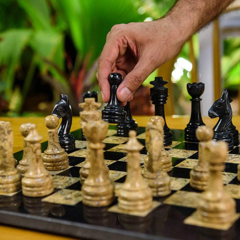 black coral onyx marble chess set