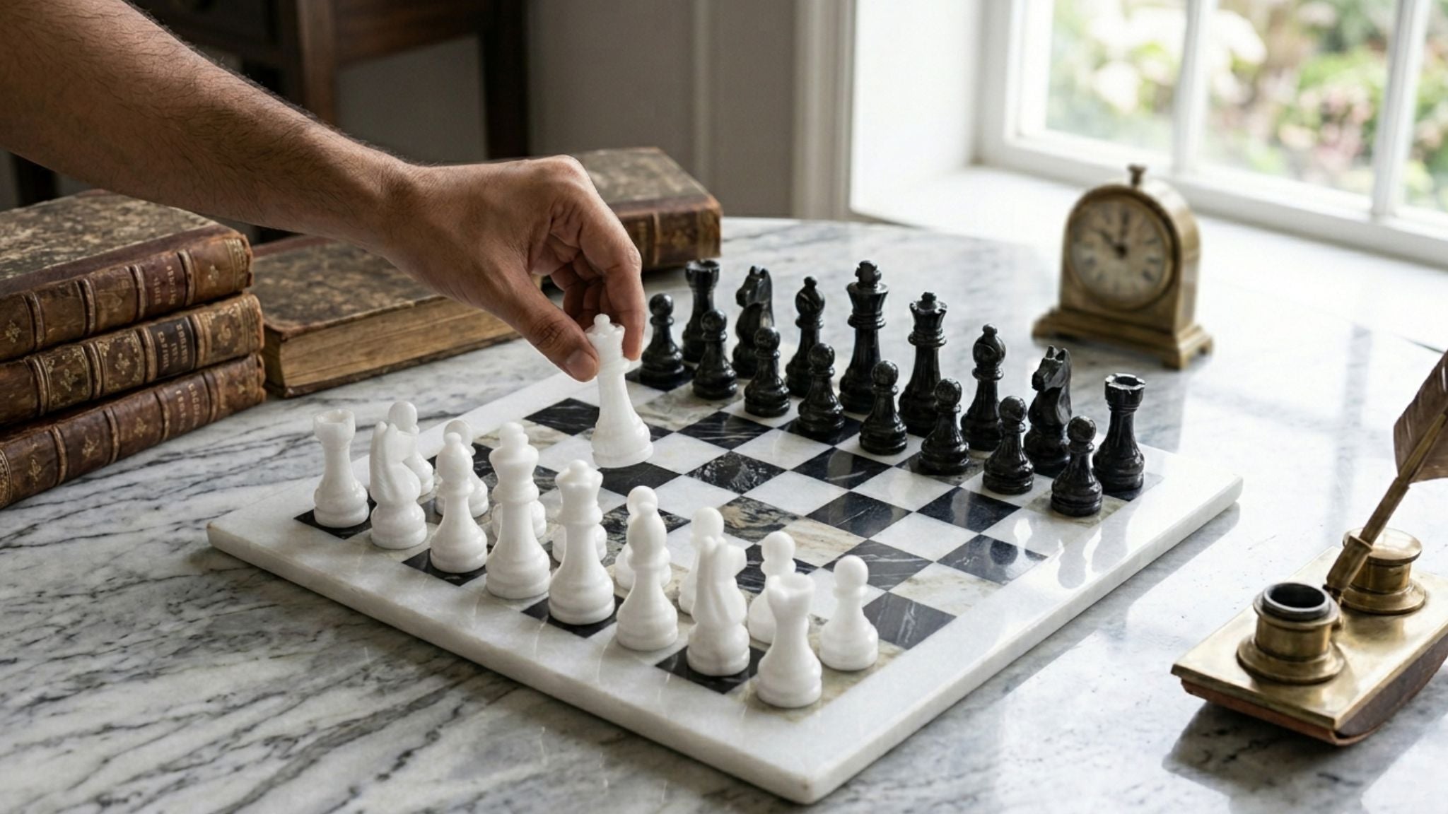 Piaring marble chess pieces right board