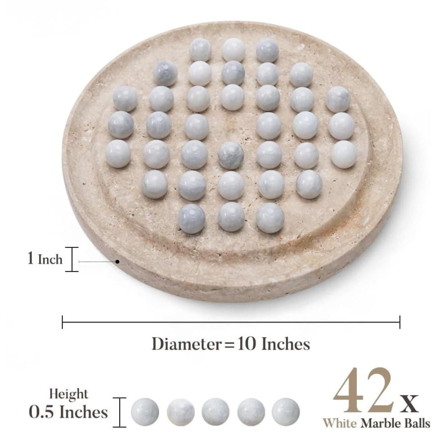 10 Inch Marble Peg Solitaire Board Game Travertine white balls