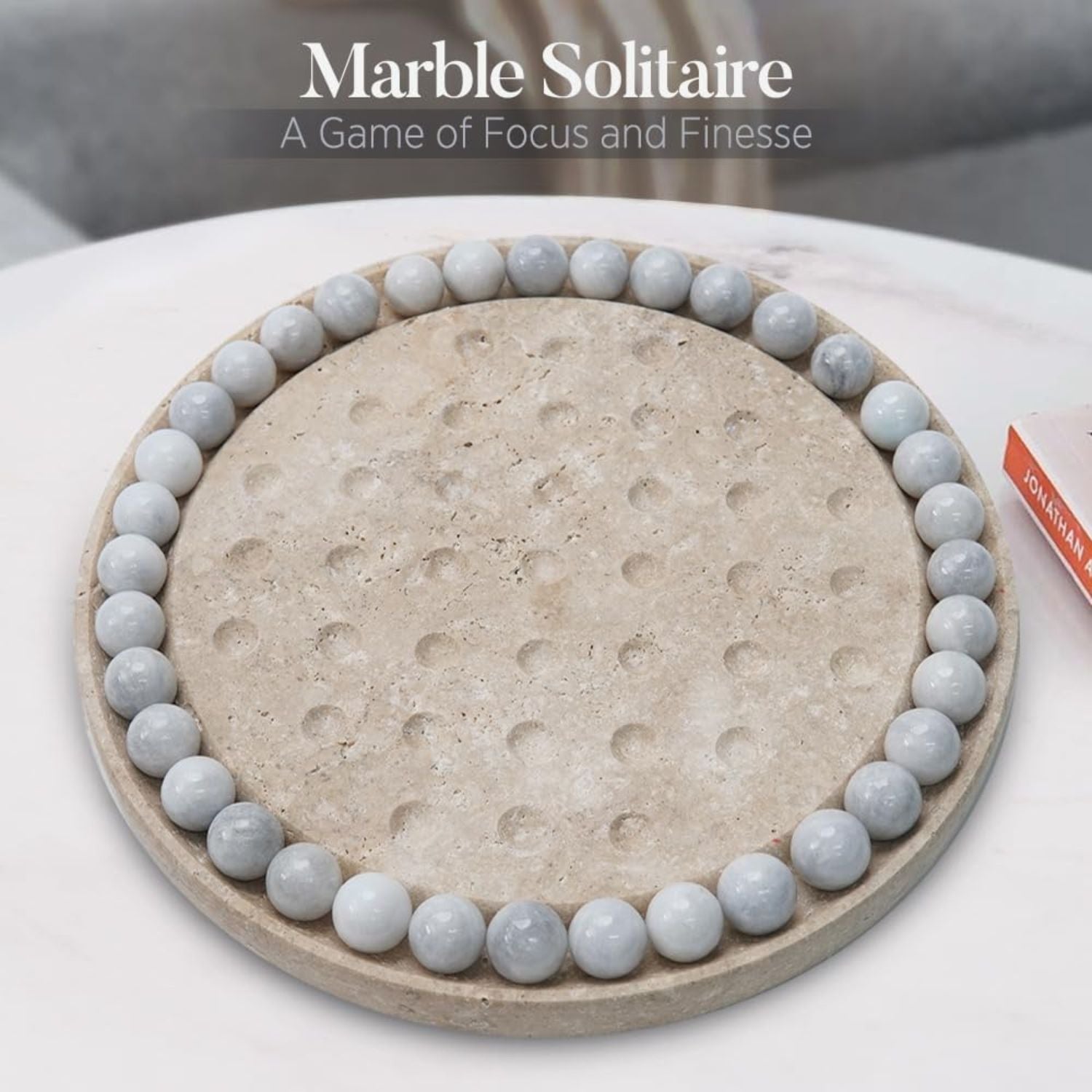 Marble Peg Solitaire Board with 42 White Marble Balls