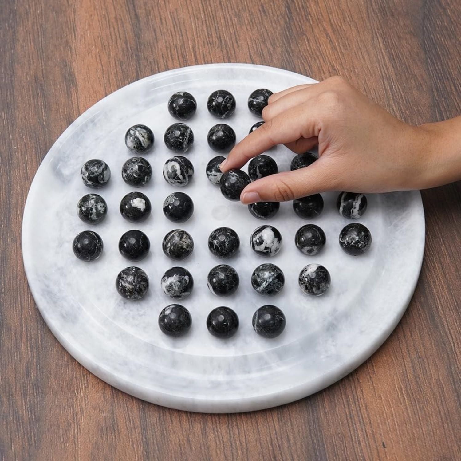 Marble Peg Solitaire Board Game White Board with 42 Black Marble Balls