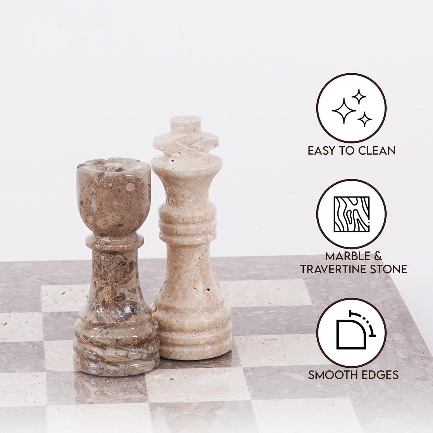 12 Inch Oceanic & Travertine Premium Marble Chess Sets With 2 Extra Queens & Storage Box