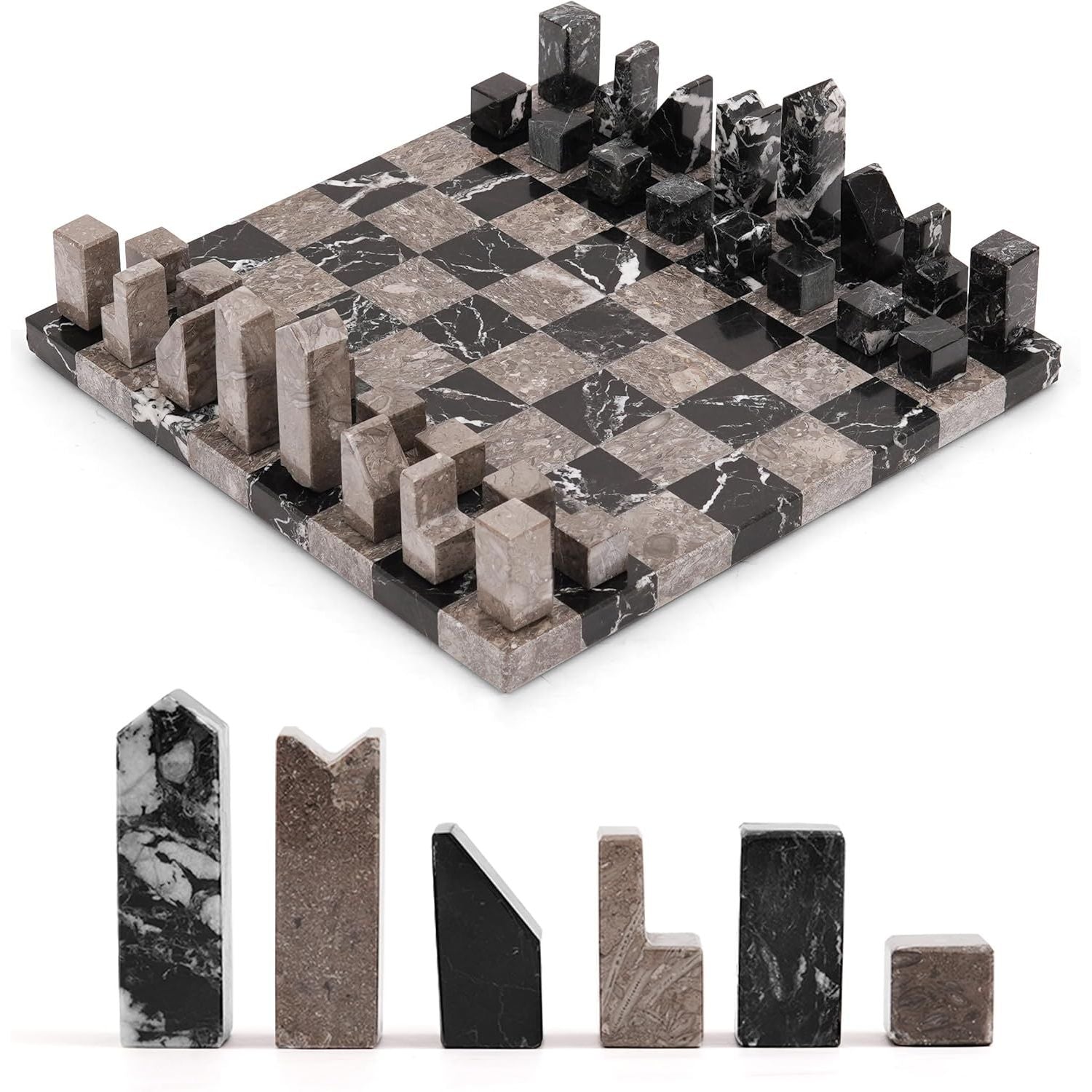 Zebra Black And Oceanic Borderless Marble Chess Board with Pieces