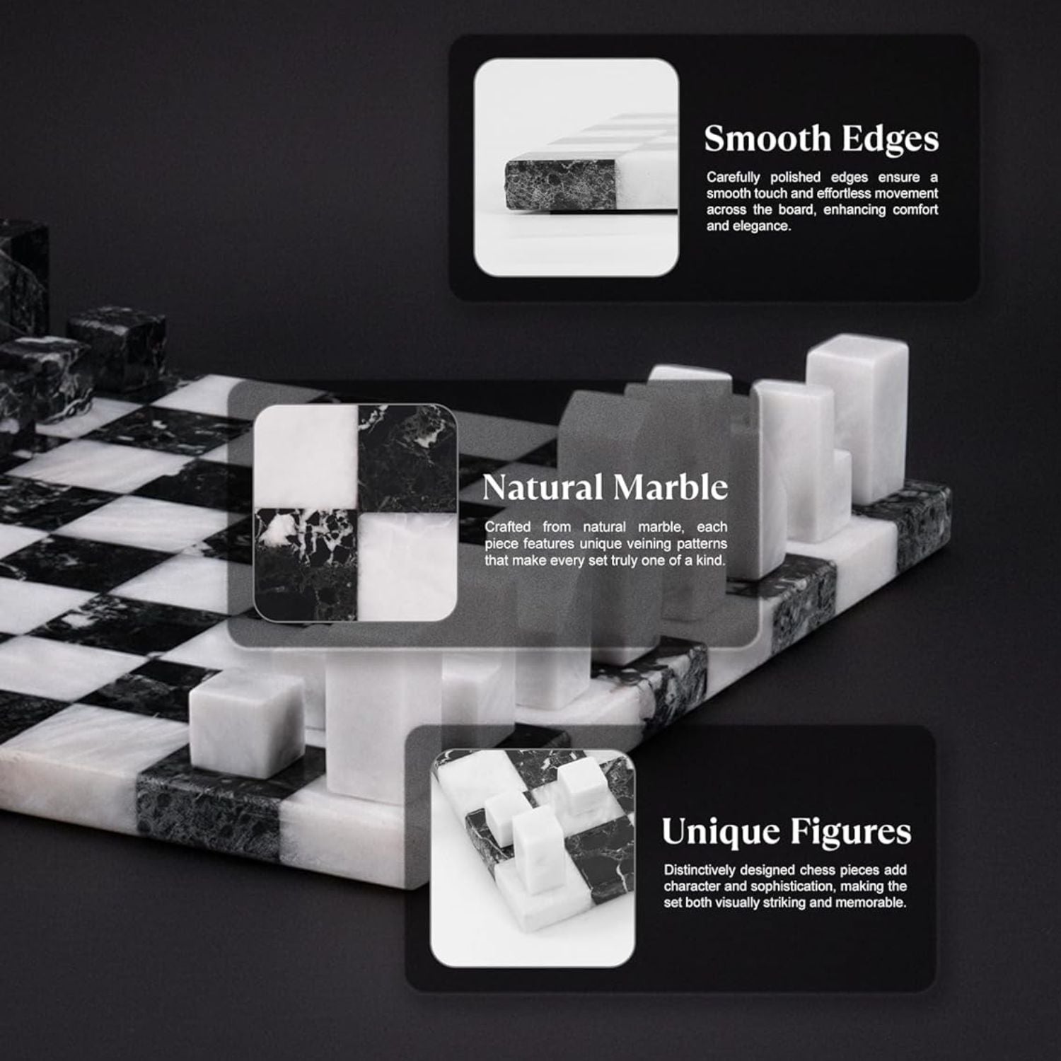 Black And White Borderless Marble Chess Board with Minimalist Geometric Pieces