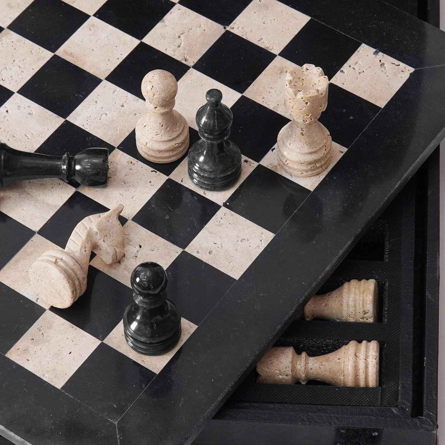 12 Inch Black & Travertine Premium Marble Chess Sets With 2 Extra Queens & Storage Box