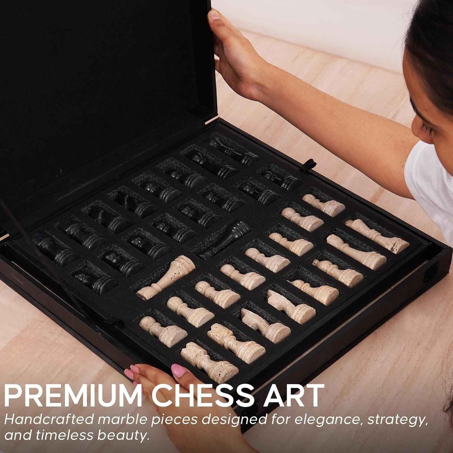 12 Inch Black & Travertine Premium Marble Chess Sets With 2 Extra Queens & Storage Box