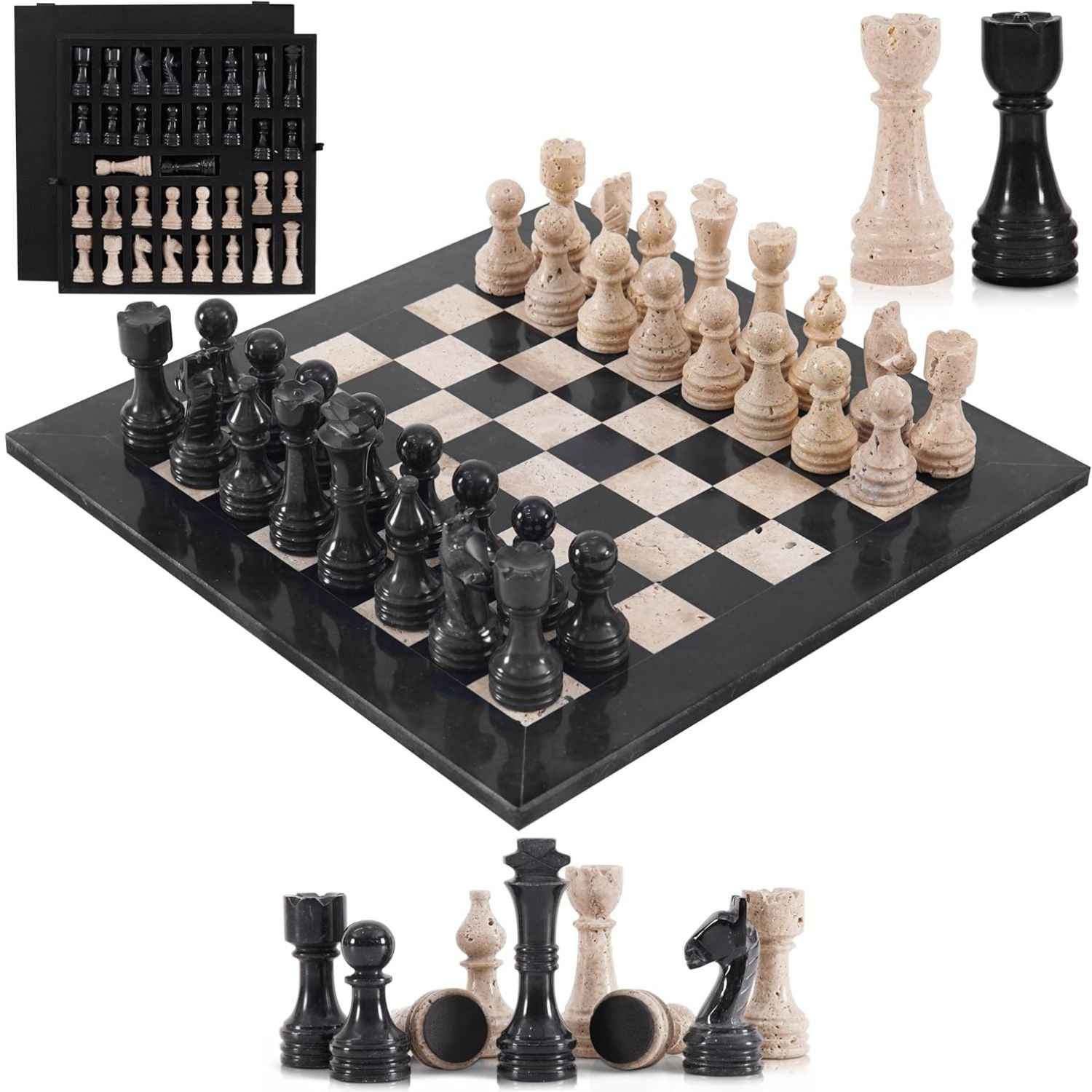 12 Inch Black & Travertine Premium Marble Chess Sets With 2 Extra Queens & Storage Box