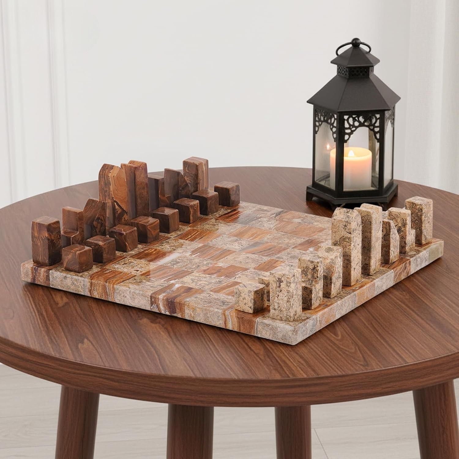 Borderless Marble Chess Board with Minimalist Geometric Pieces