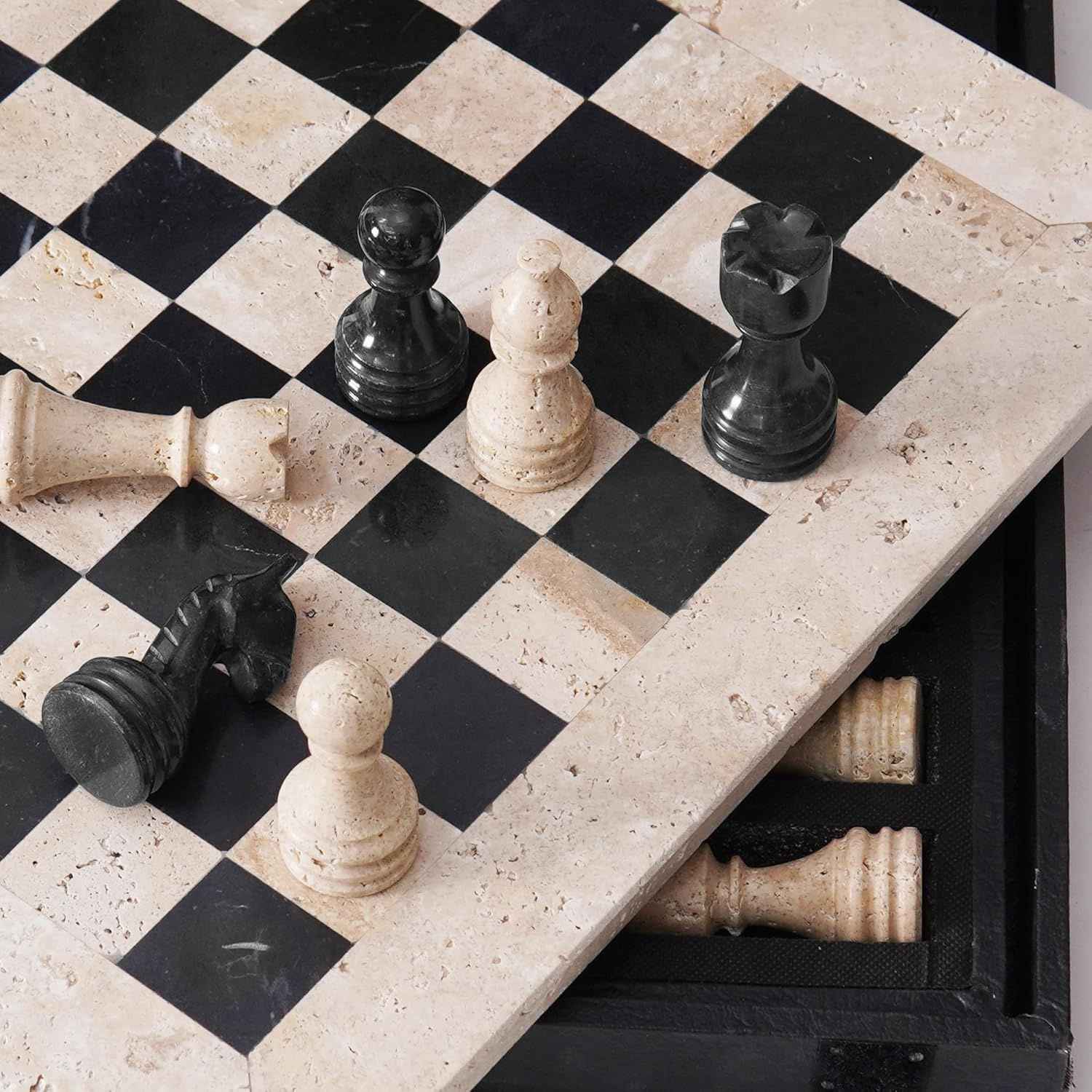 12 Inch Travertine & Black Handcrafted Marble Chess Sets With 2 Extra Queens & Storage Box