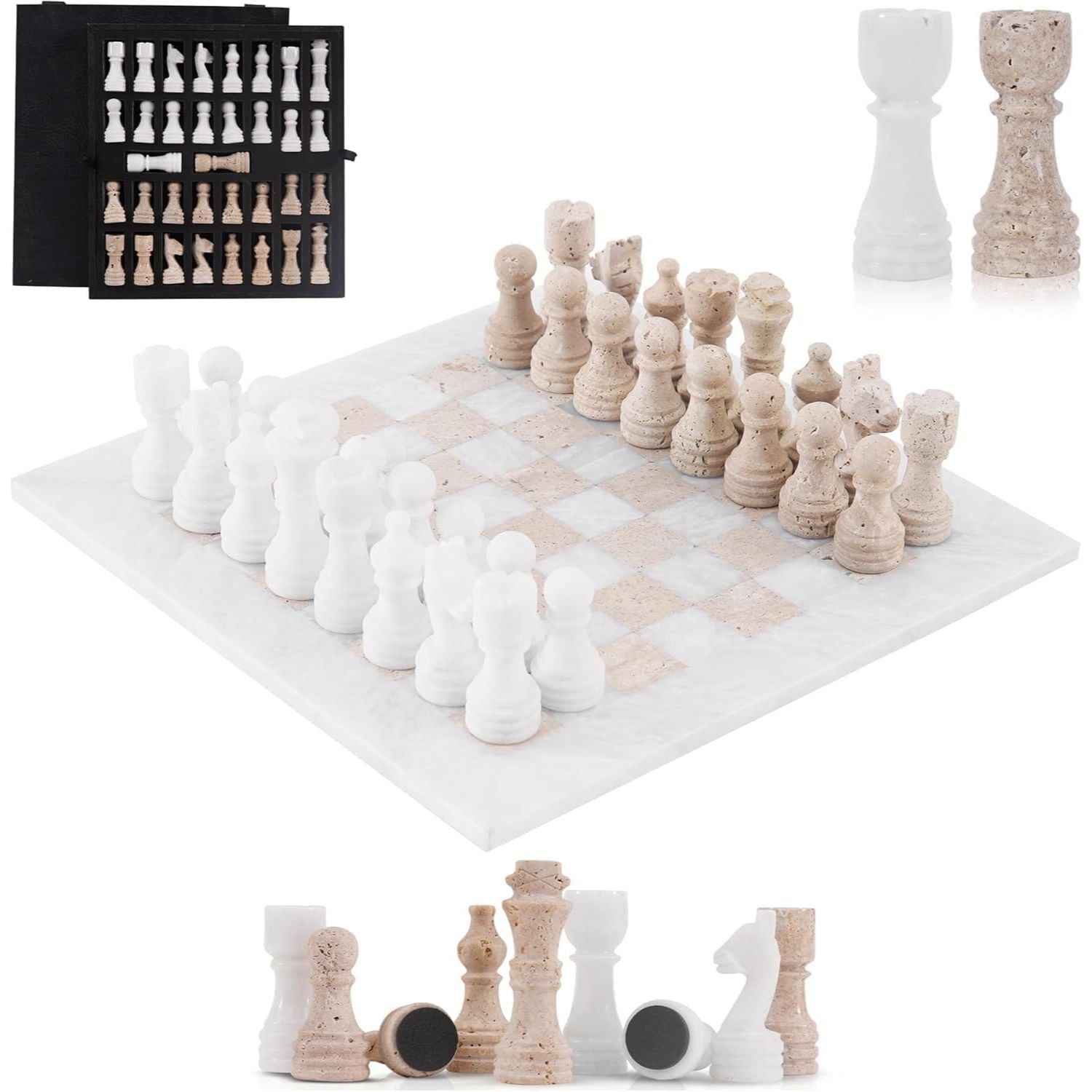 12 Inch White & Travertine Premium Marble Chess Sets With 2 Extra Queens & Storage Box
