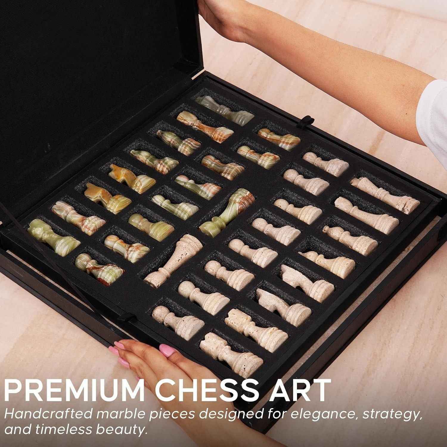 12 Inch Travertine & Green Handcrafted Marble Chess Sets With 2 Extra Queens & Storage Box