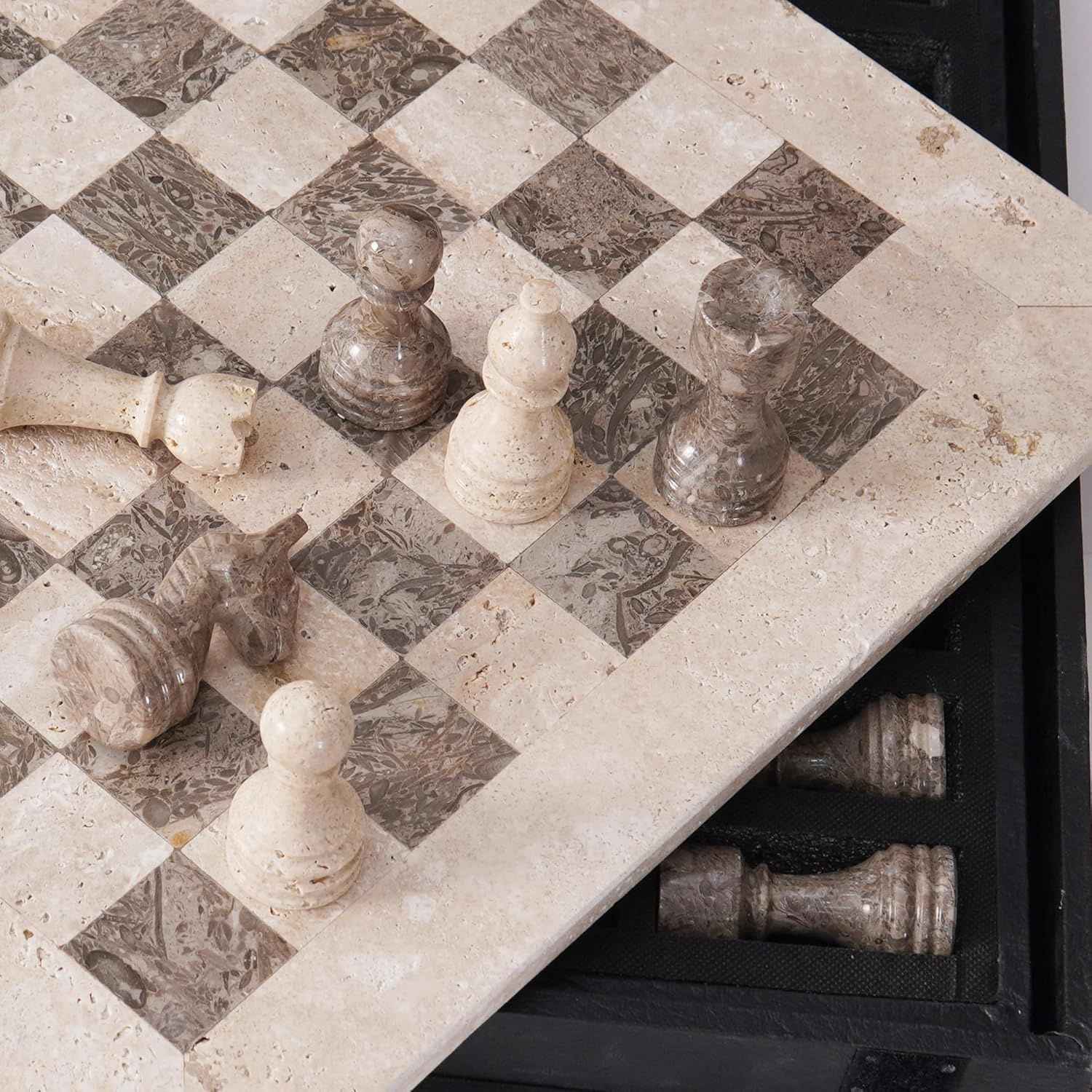 12 Inch Travertine & Oceanic Handcrafted Marble Chess Sets With 2 Extra Queens & Storage Box
