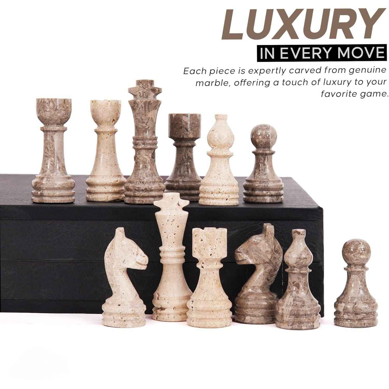 12 Inch Travertine & Oceanic Handcrafted Marble Chess Sets With 2 Extra Queens & Storage Box