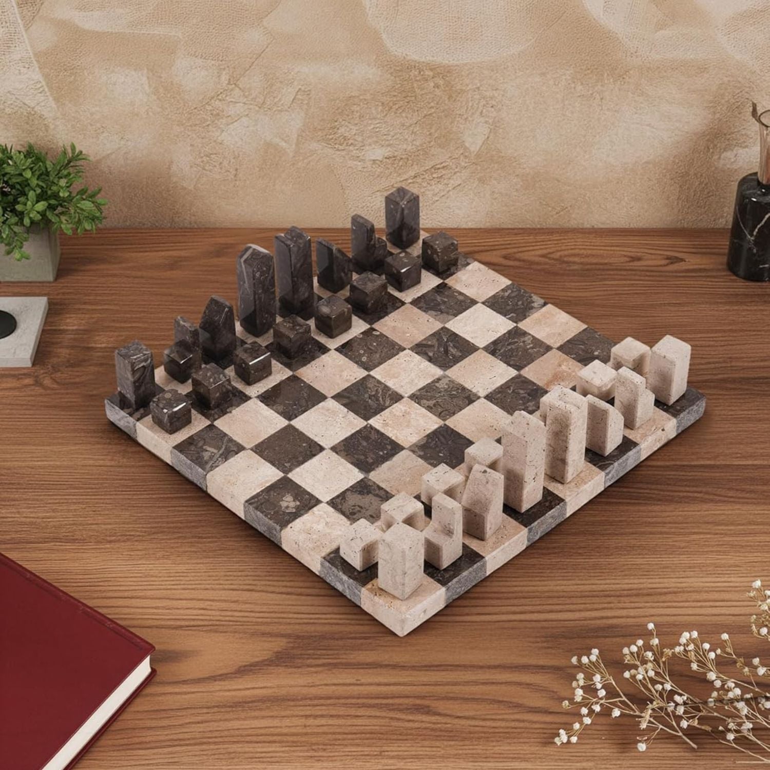 Travertine And Oceanic Premium Borderless Marble Chess Set Pieces