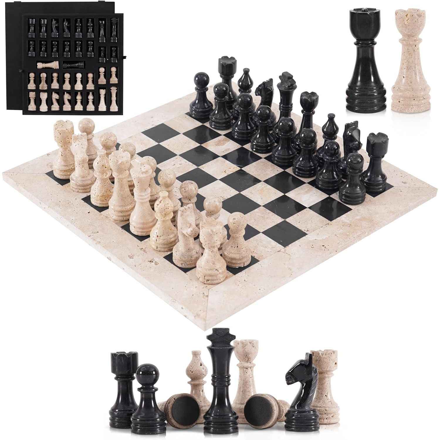 12 Inch Travertine & Black Handcrafted Marble Chess Sets With 2 Extra Queens & Storage Box