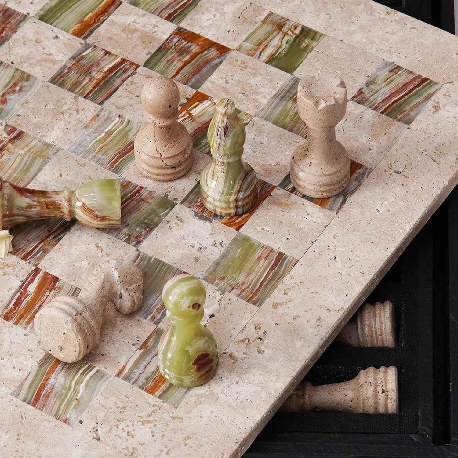 12 Inch Travertine & Green Handcrafted Marble Chess Sets With 2 Extra Queens & Storage Box