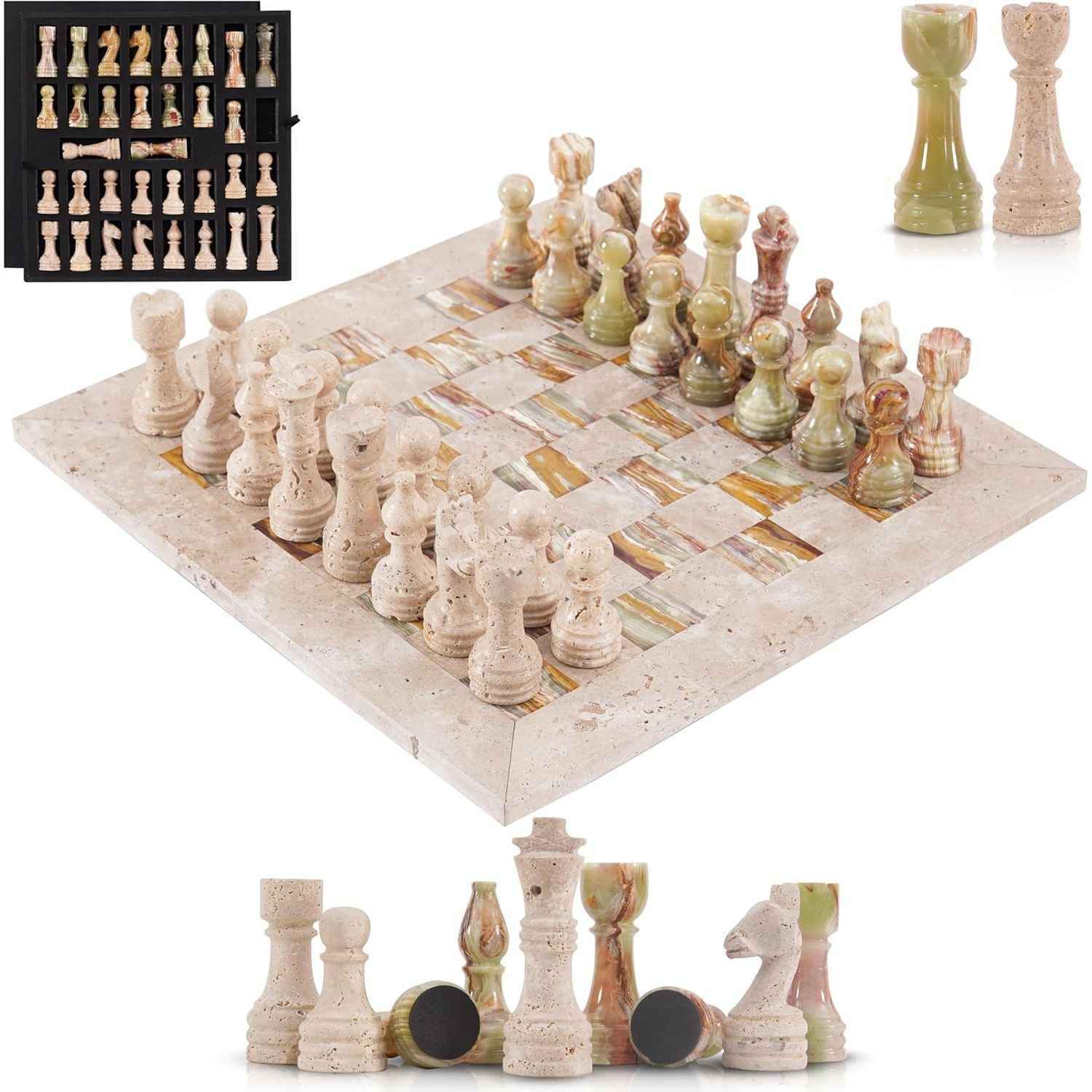 12 Inch Travertine & Green Handcrafted Marble Chess Sets With 2 Extra Queens & Storage Box