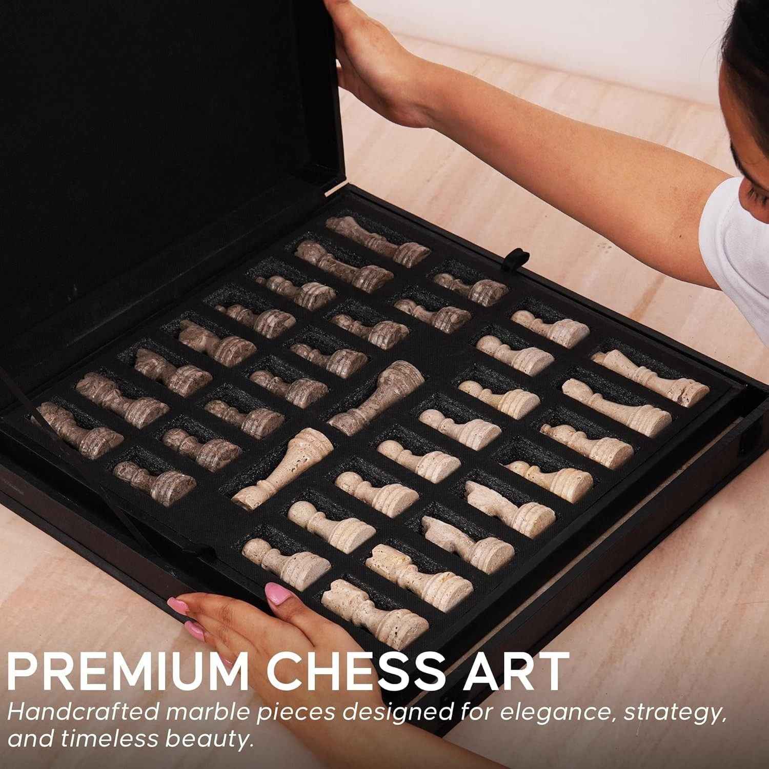 12 Inch Travertine & Oceanic Handcrafted Marble Chess Sets With 2 Extra Queens & Storage Box