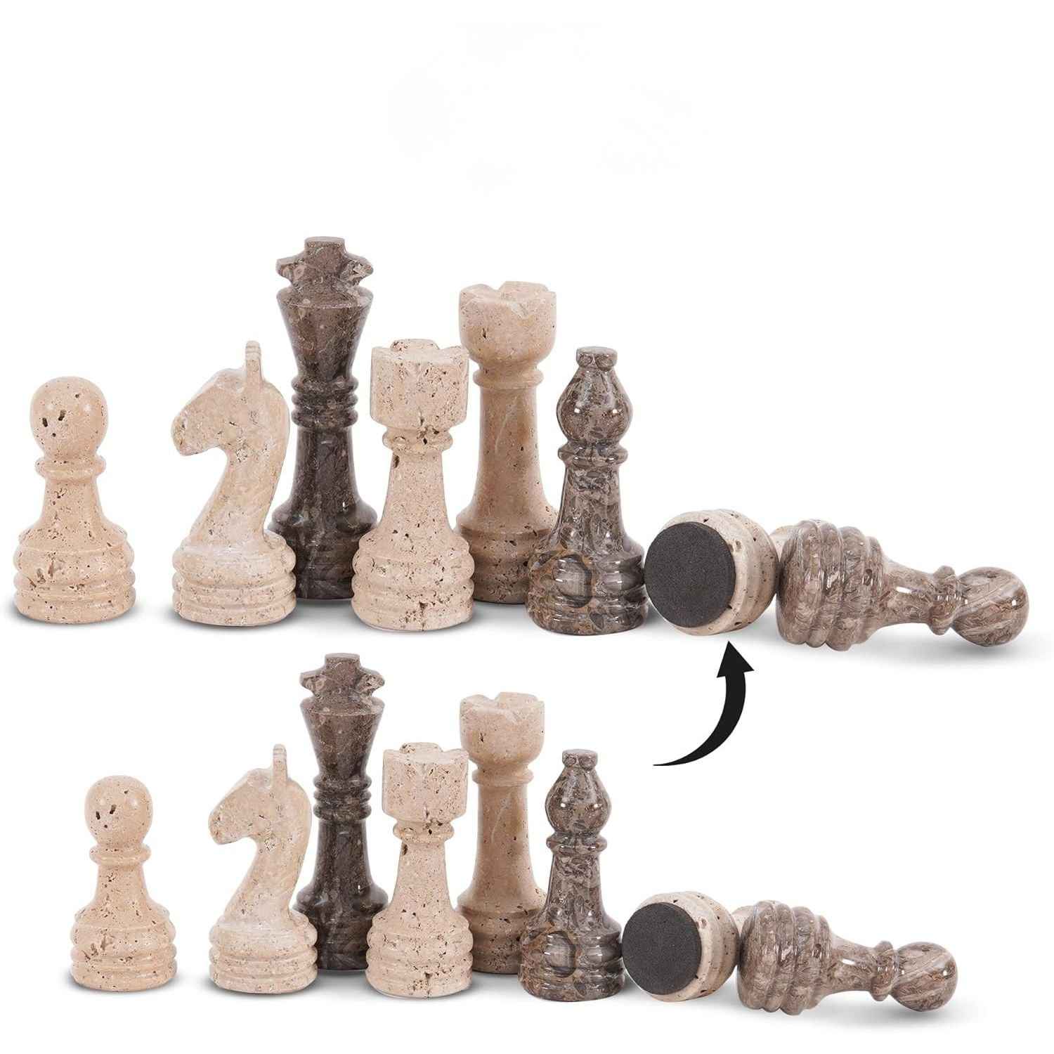 12 Inch Travertine & Oceanic Handcrafted Marble Chess Sets With 2 Extra Queens & Storage Box