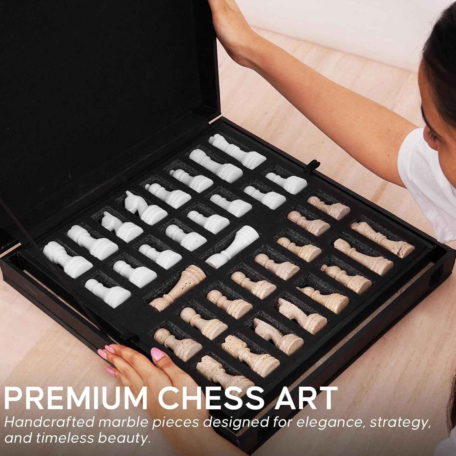 12 Inch Travertine & White Handcrafted Marble Chess Sets With 2 Extra Queens & Storage Box