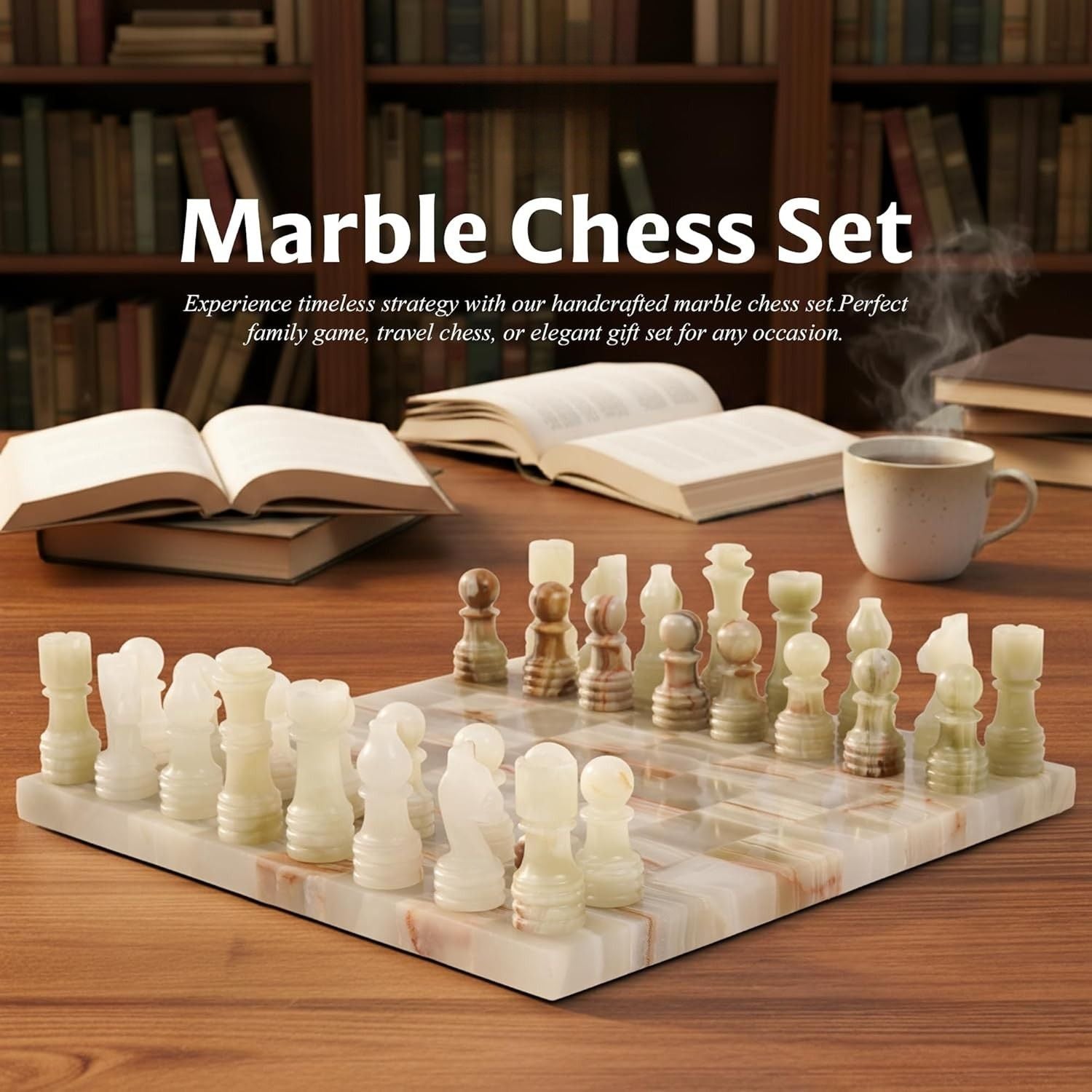 12 Inch White Onyx And Green Luxury Borderless Marble Chess Set