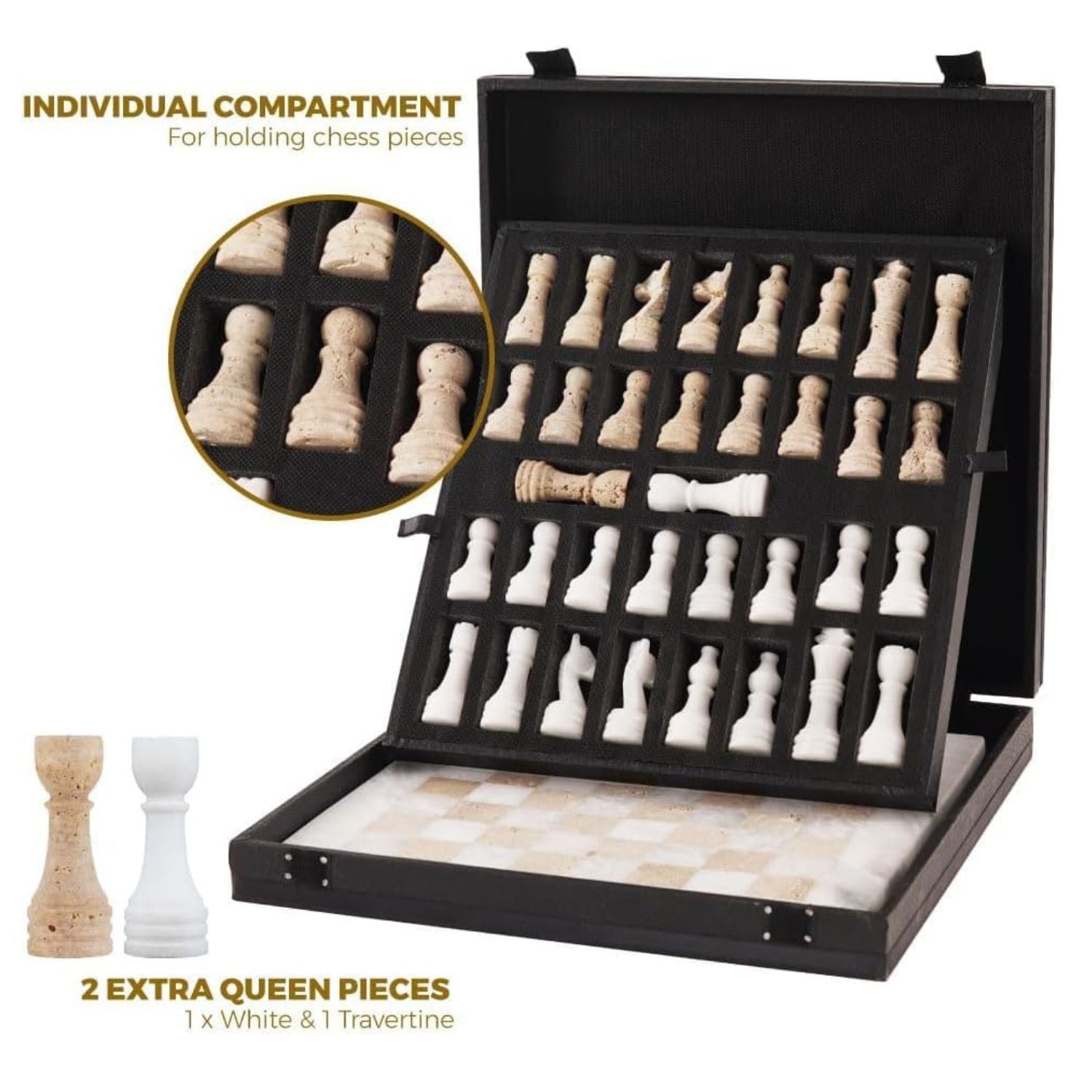White & Travertine Premium Marble Chess Sets