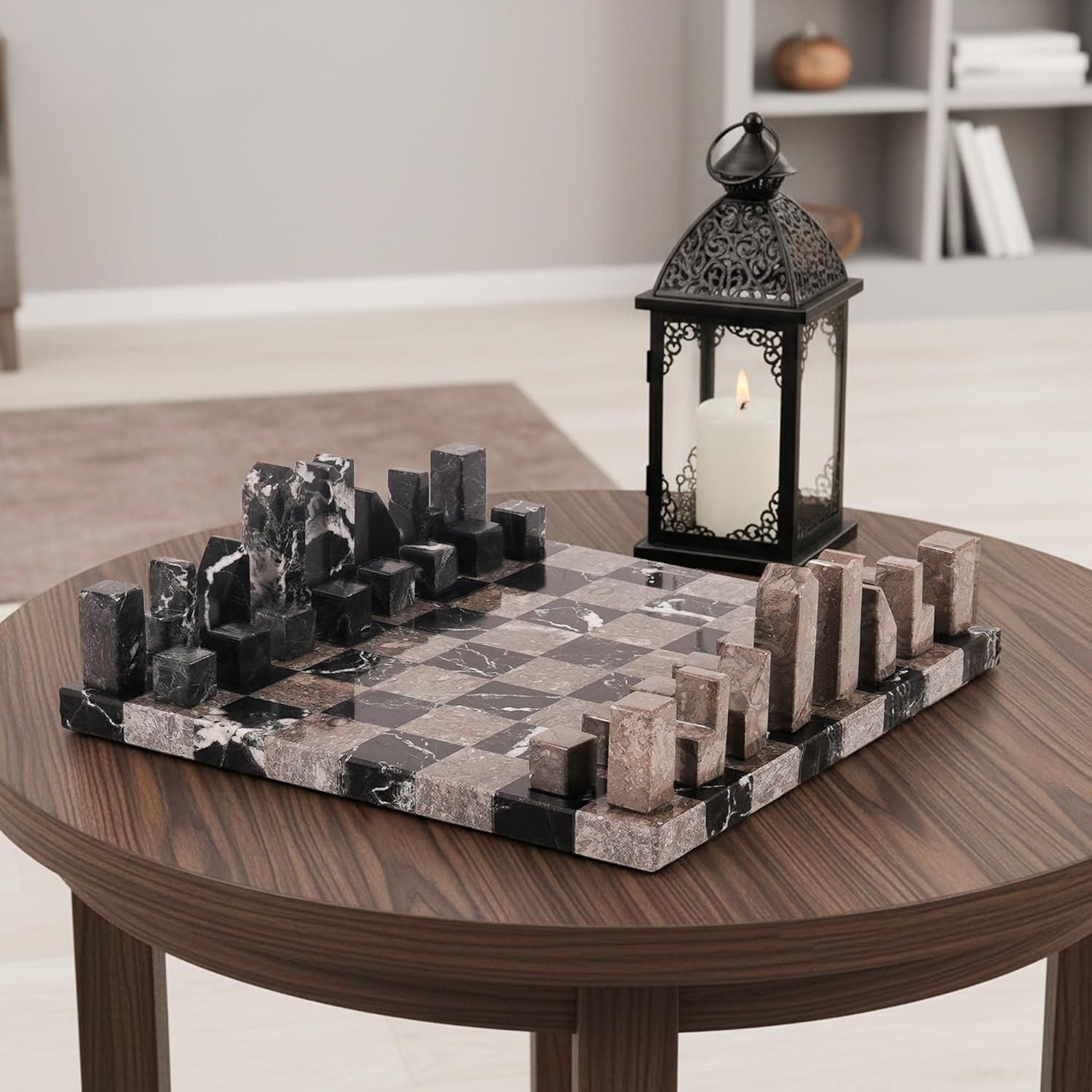 Marble Chess Board with Minimalist Geometric Pieces