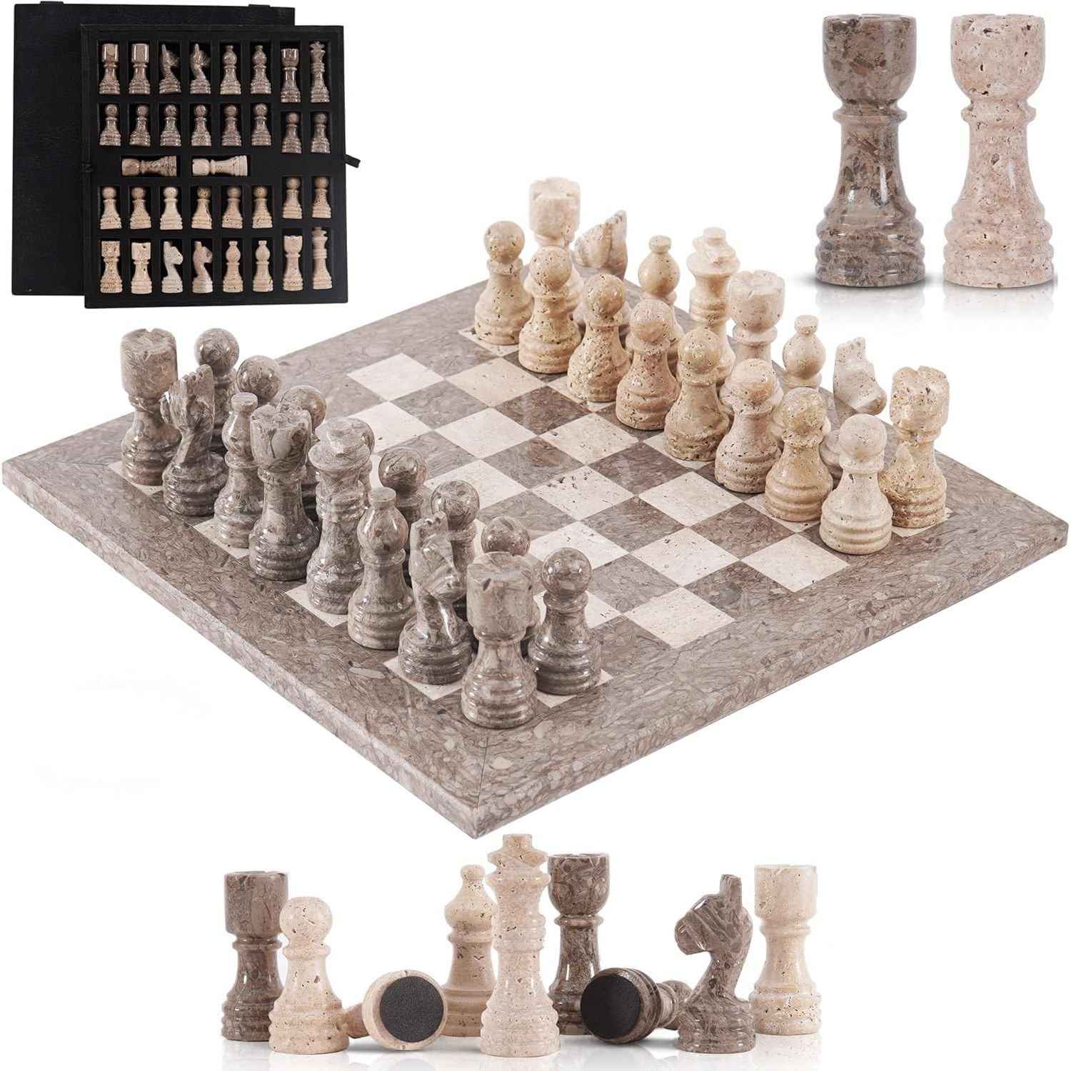 12 Inch Oceanic & Travertine Premium Marble Chess Sets With 2 Extra Queens & Storage Box