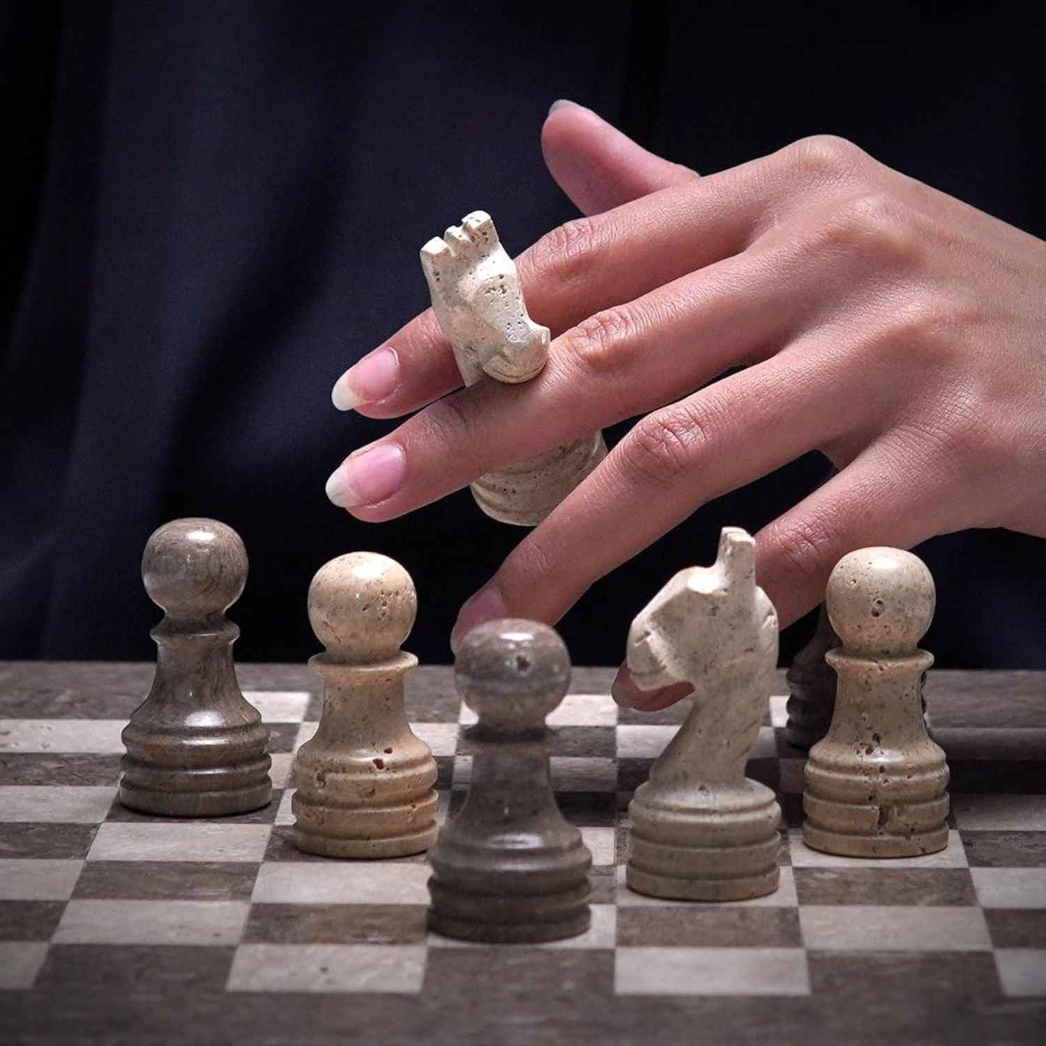 12 Inch Oceanic & Travertine Premium Marble Chess Sets With 2 Extra Queens & Storage Box