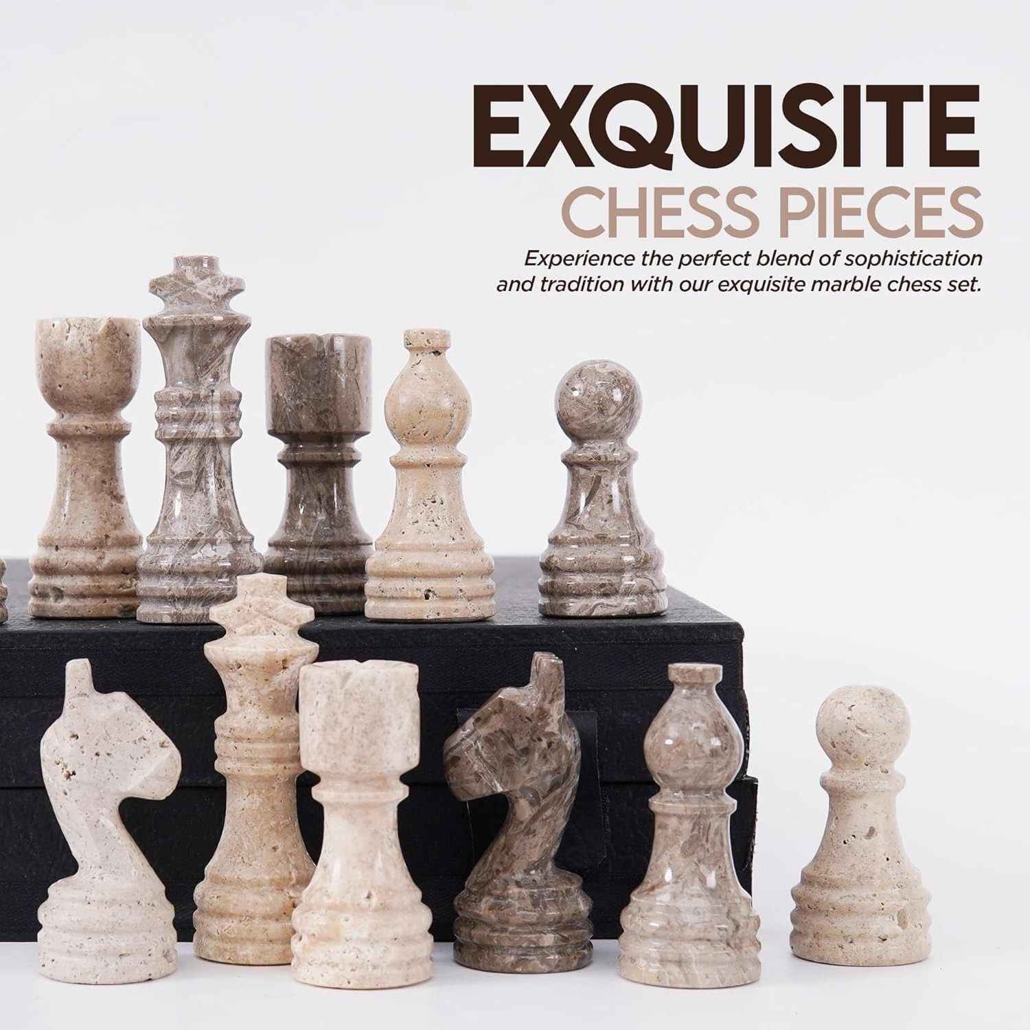 12 Inch Oceanic & Travertine Premium Marble Chess Sets With 2 Extra Queens & Storage Box