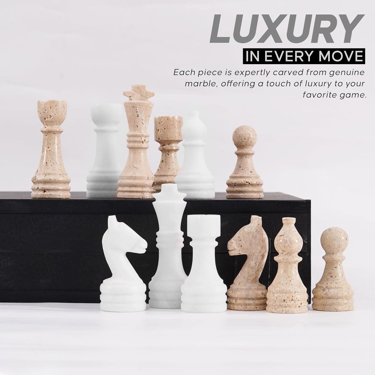 White & Travertine Handcrafted Marble Chess Sets