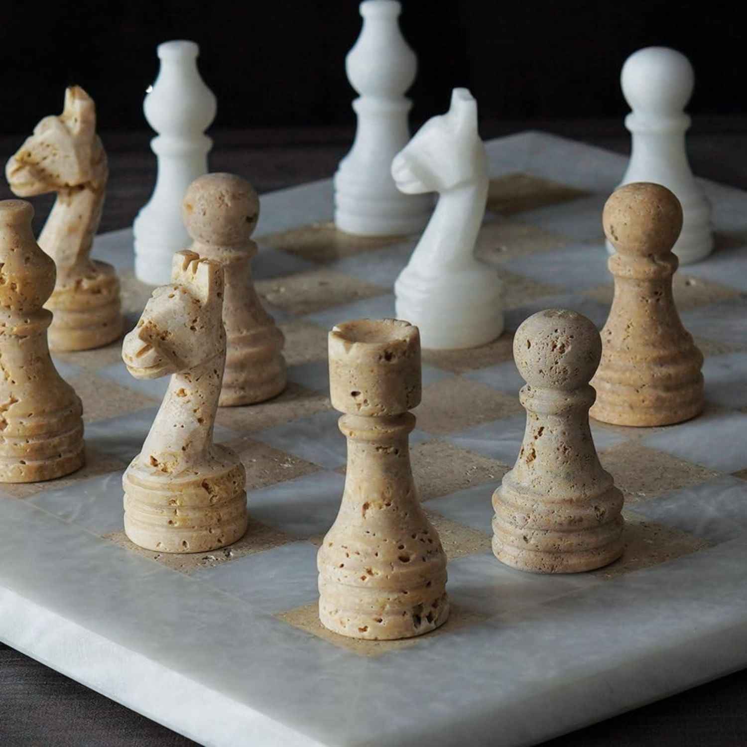 12 Inch White & Travertine Premium Marble Chess Sets With 2 Extra Queens & Storage Box