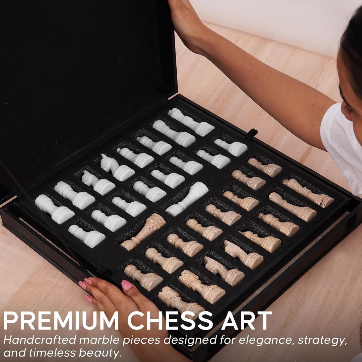 White & Travertine Handcrafted Marble Chess Sets
