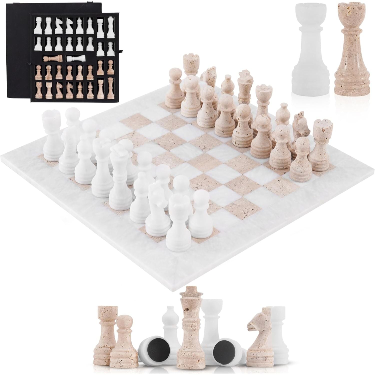 White & Travertine Handcrafted Marble Chess Sets