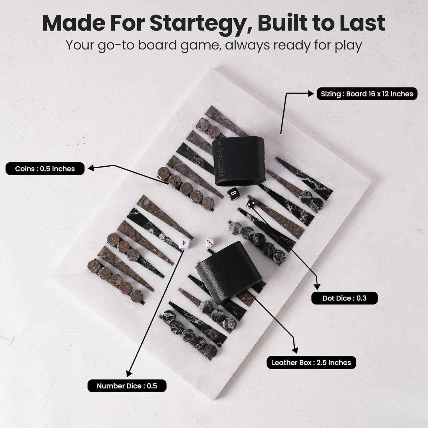 16 Inches White Board with Black & Oceanic Marble Backgammon