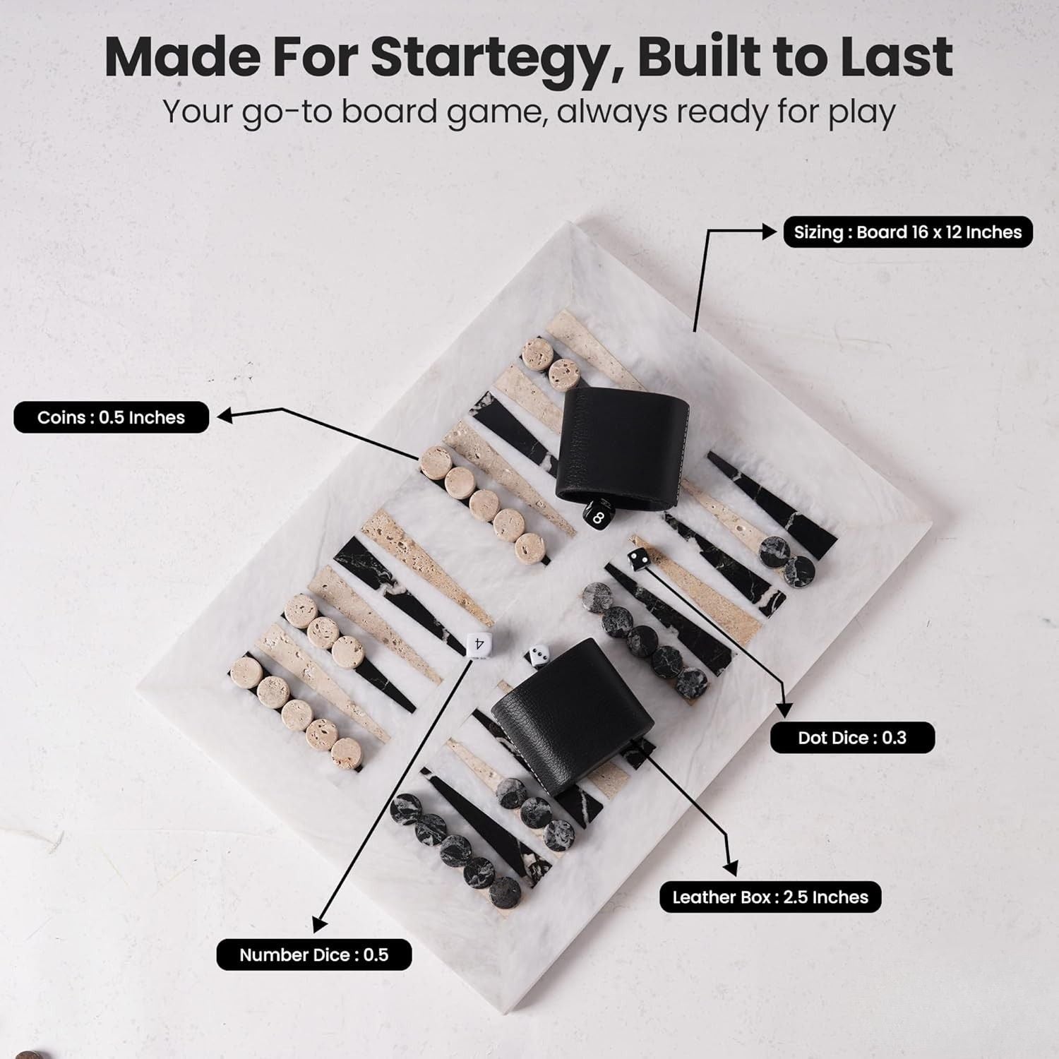 White Natural Stone Board with Black & Travertine Marble Backgammon Set