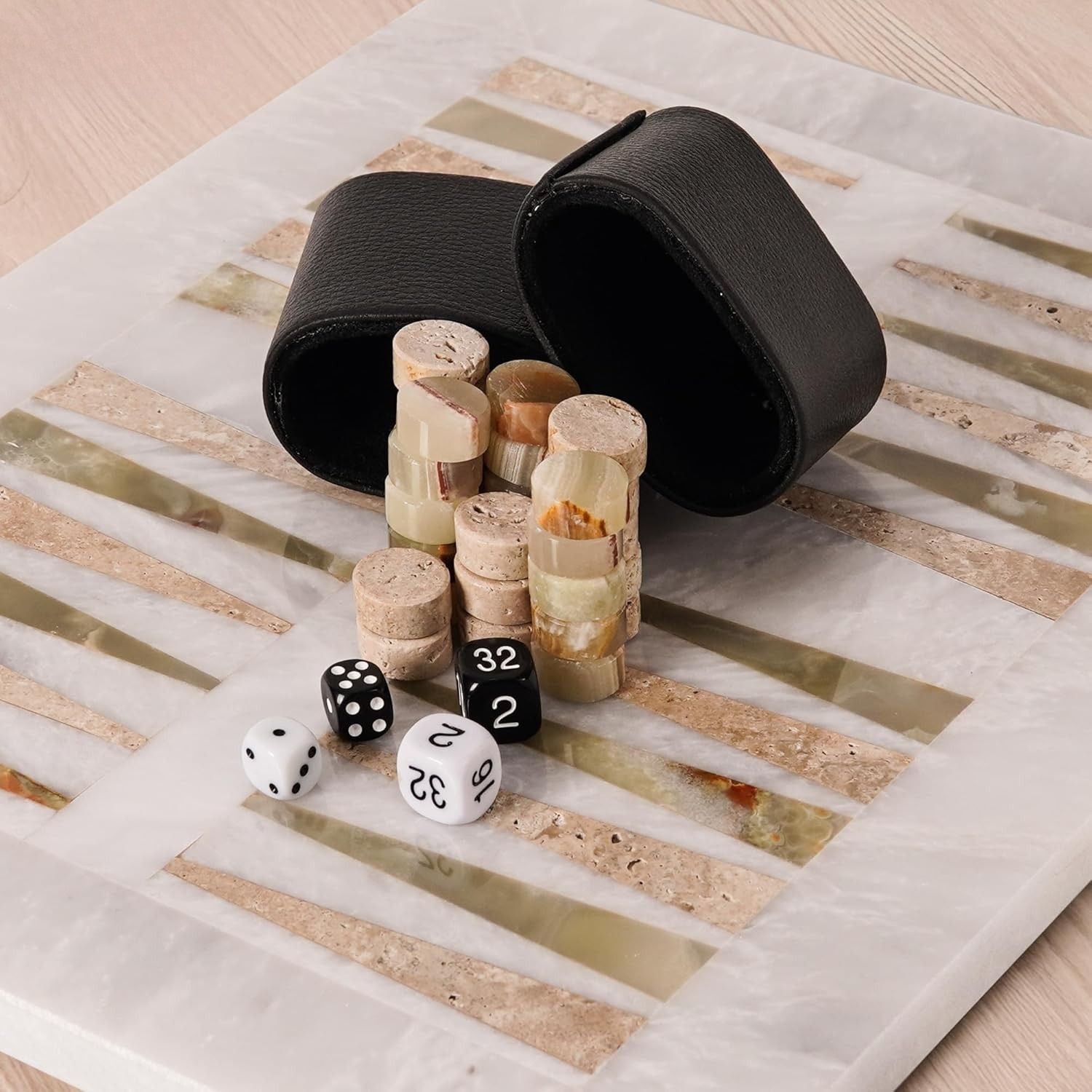 White Board with Green & Travertine Backgammon Set