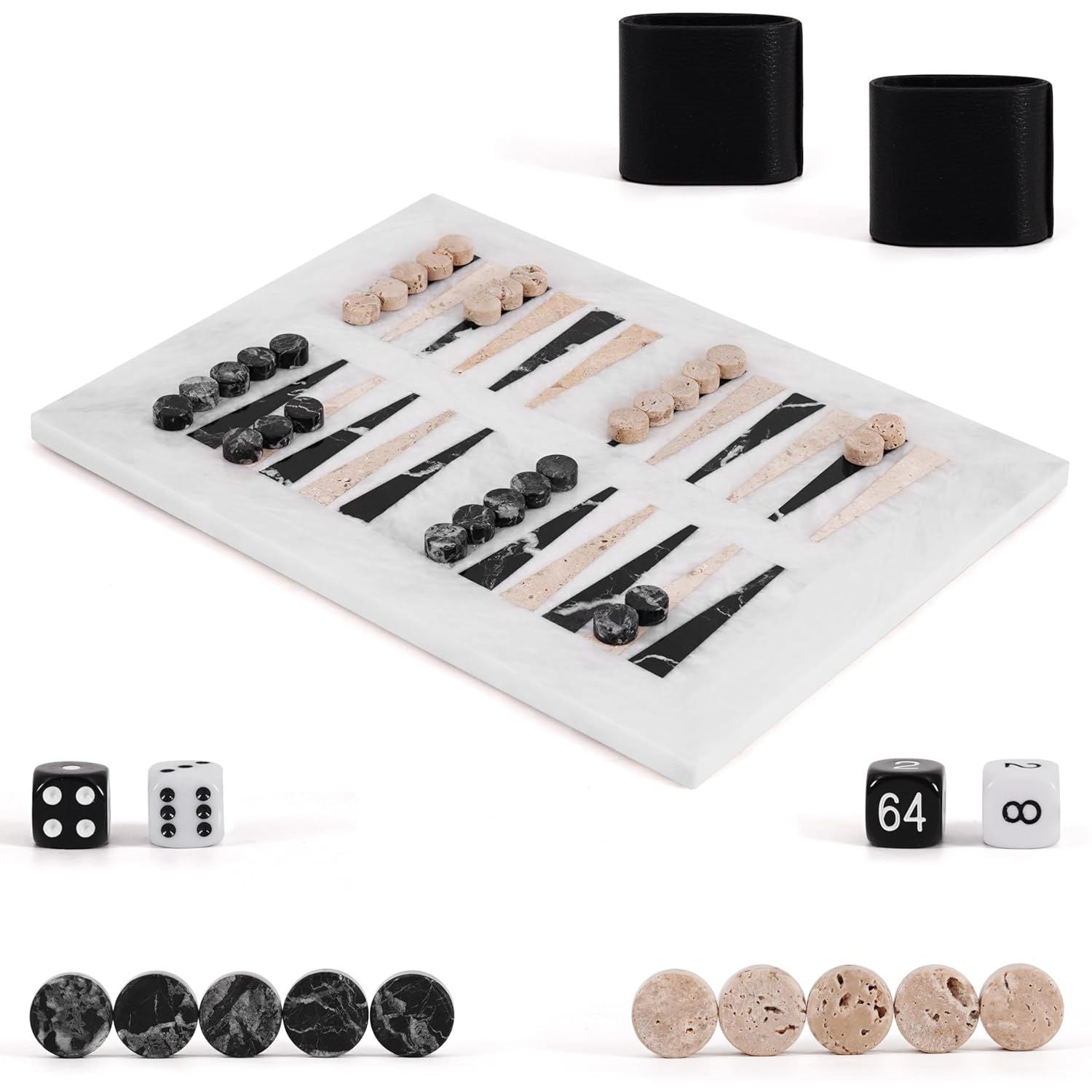 16 Inches Natural Stone Board with Black & Travertine Marble Backgammon Set