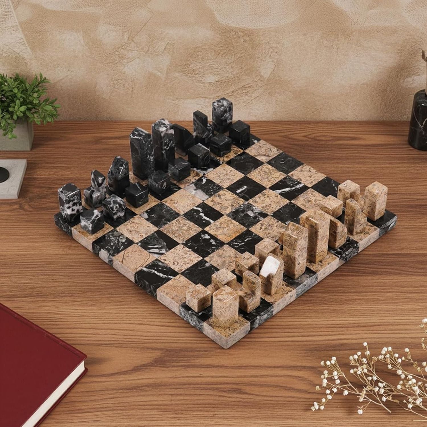 Zebra Black And Coral Borderless Marble Chess