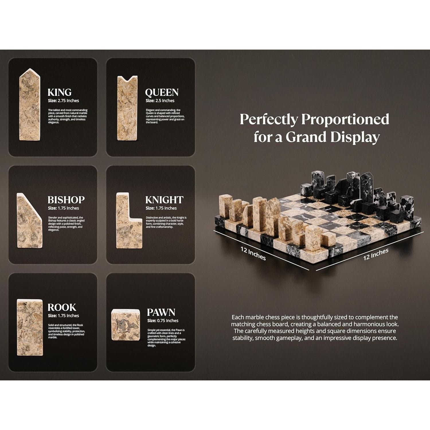 Black And Coral Borderless Marble Chess Board with Minimalist Geometric Pieces