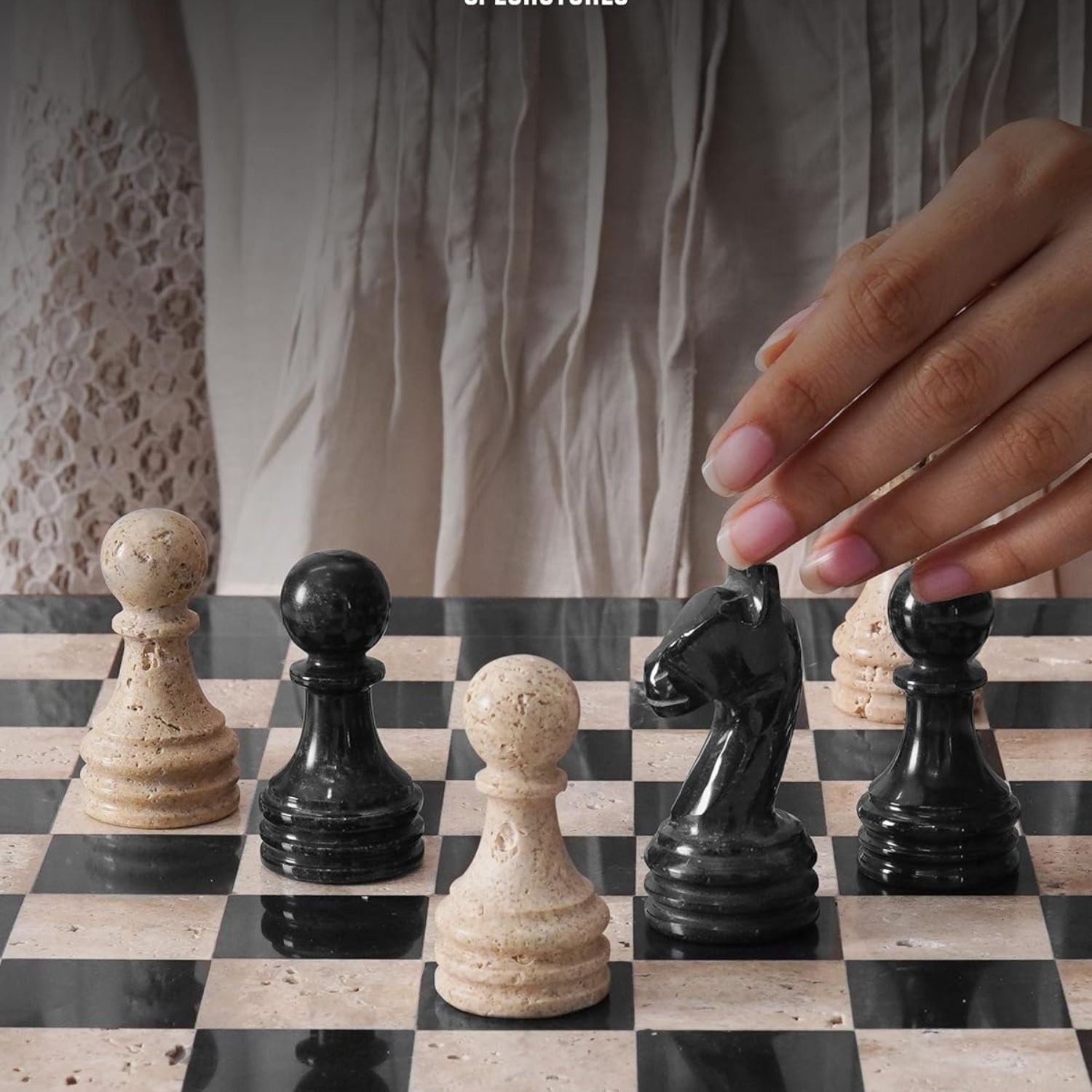 12 Inch Black & Travertine Luxury Marble Chess Sets