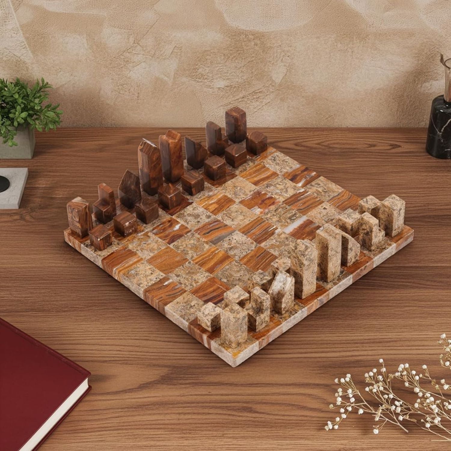Coral And Red Borderless Marble Chess Board