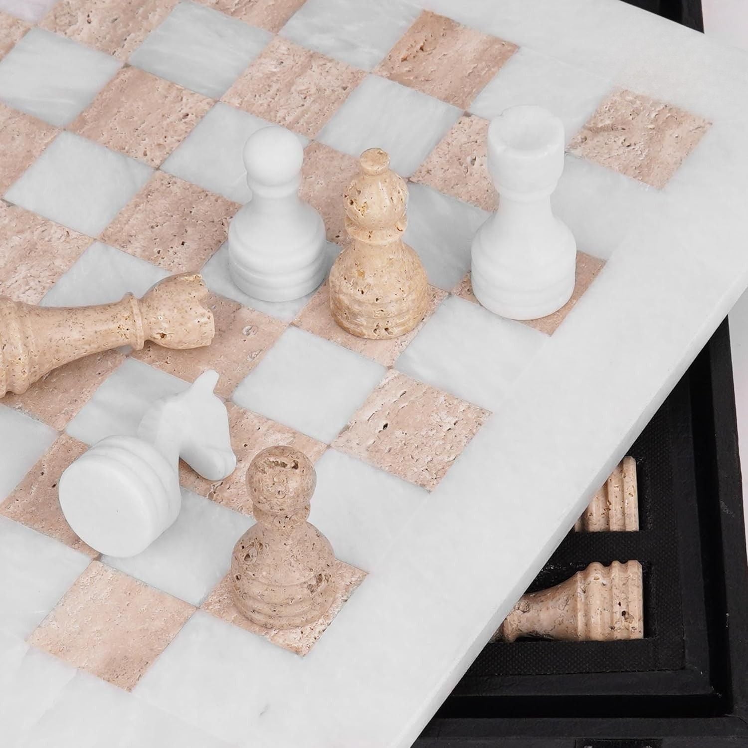 White & Travertine Handcrafted Marble Chess Sets