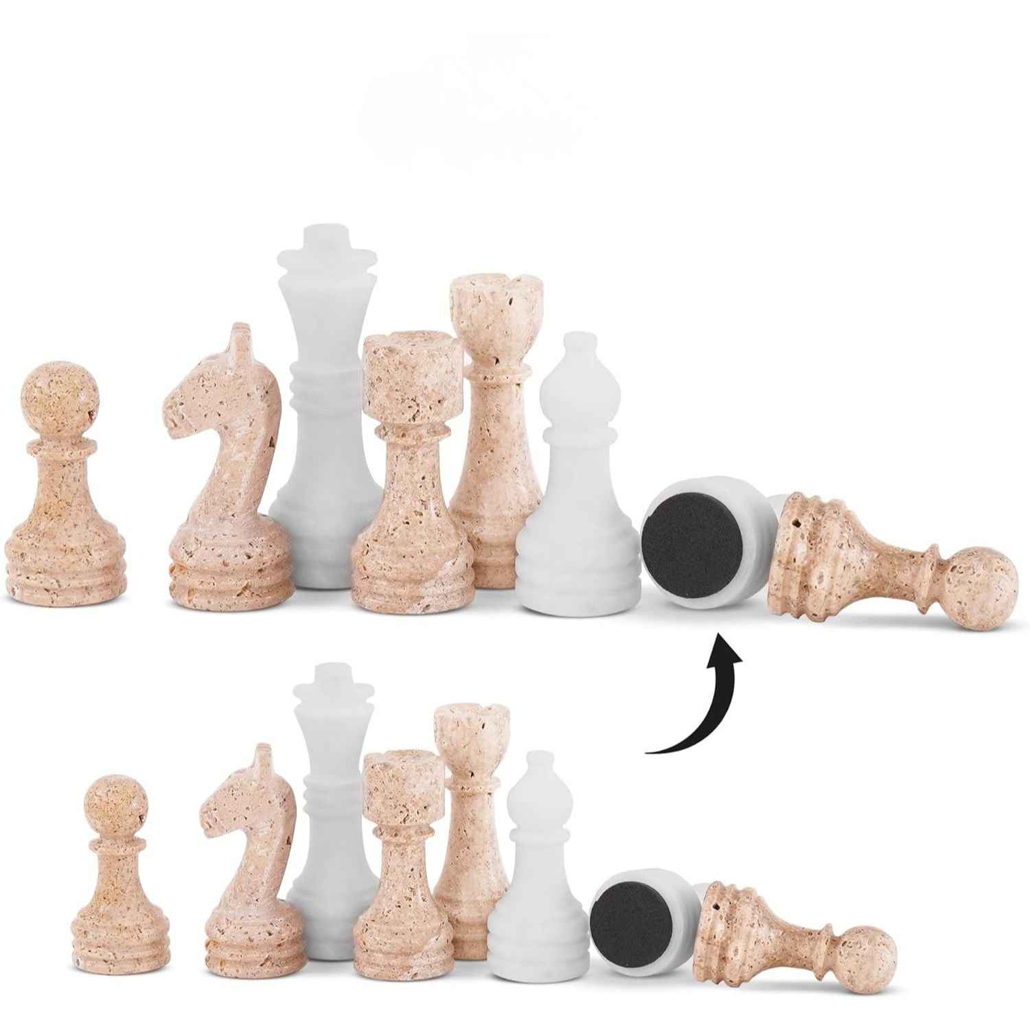 12 Inch Travertine & White Handcrafted Marble Chess Sets With 2 Extra Queens & Storage Box