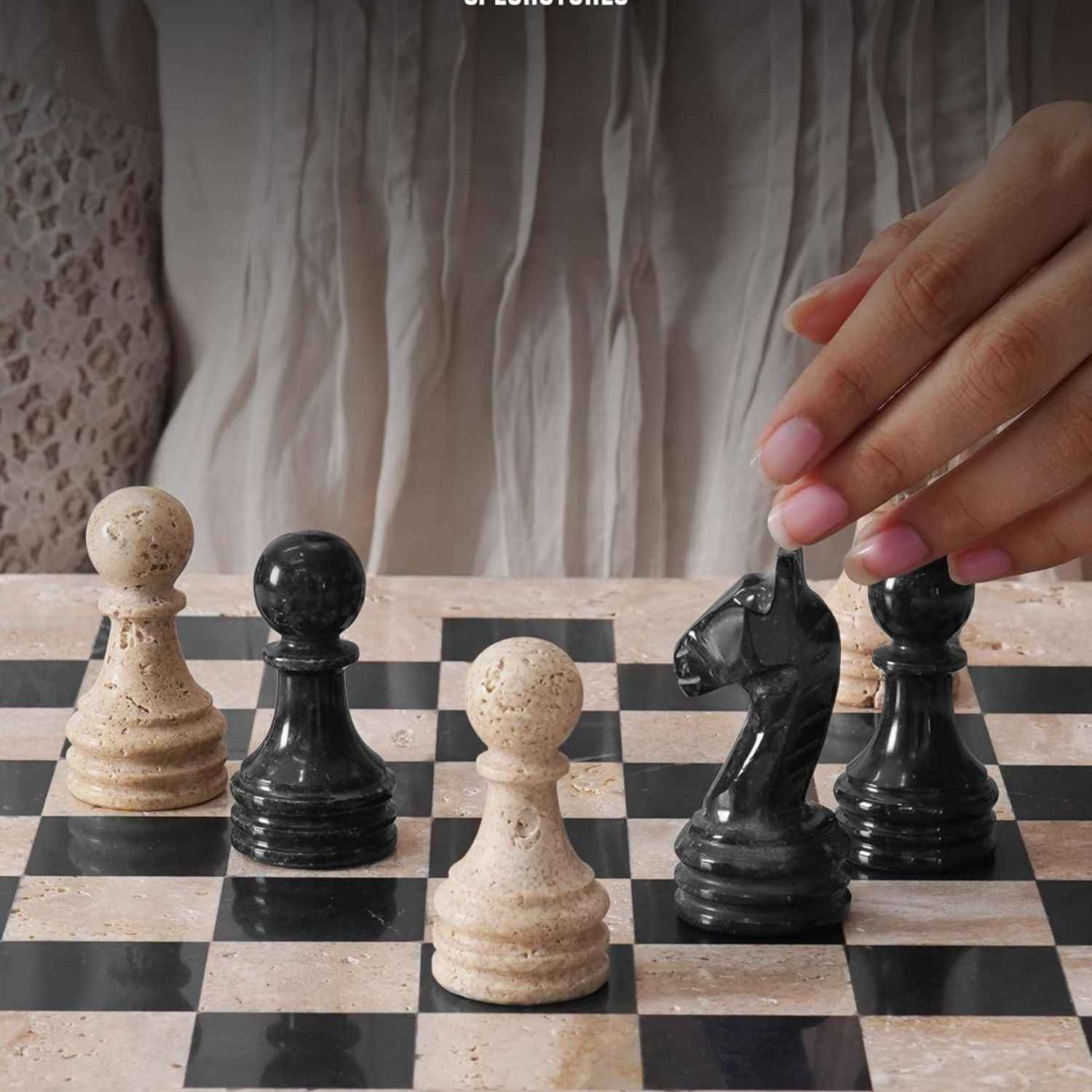 12 Inch Travertine & Black Handcrafted Marble Chess Sets With 2 Extra Queens & Storage Box